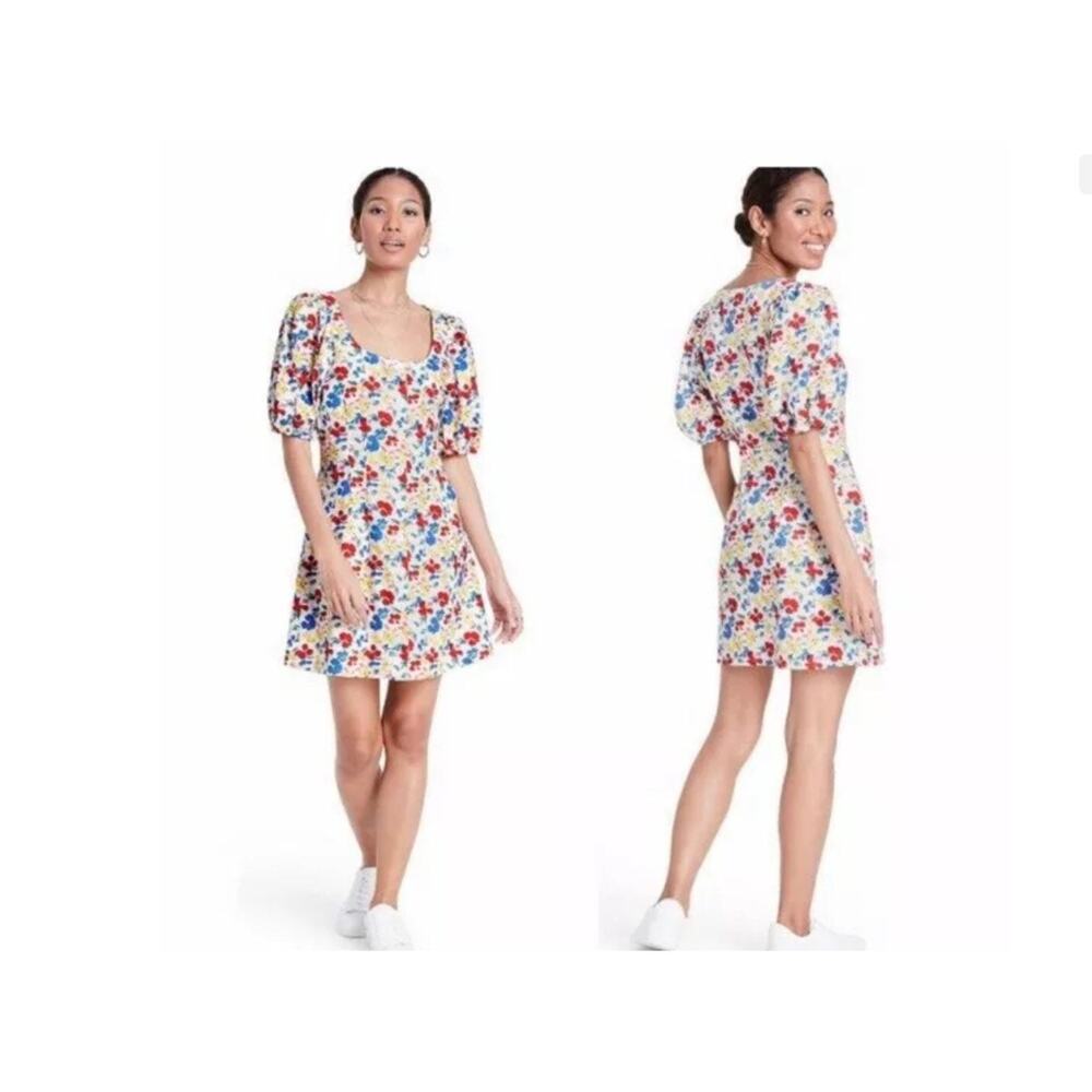 RIXO for Target floral linen blend mini dress puff sleeves Sz 2 Boho Indie